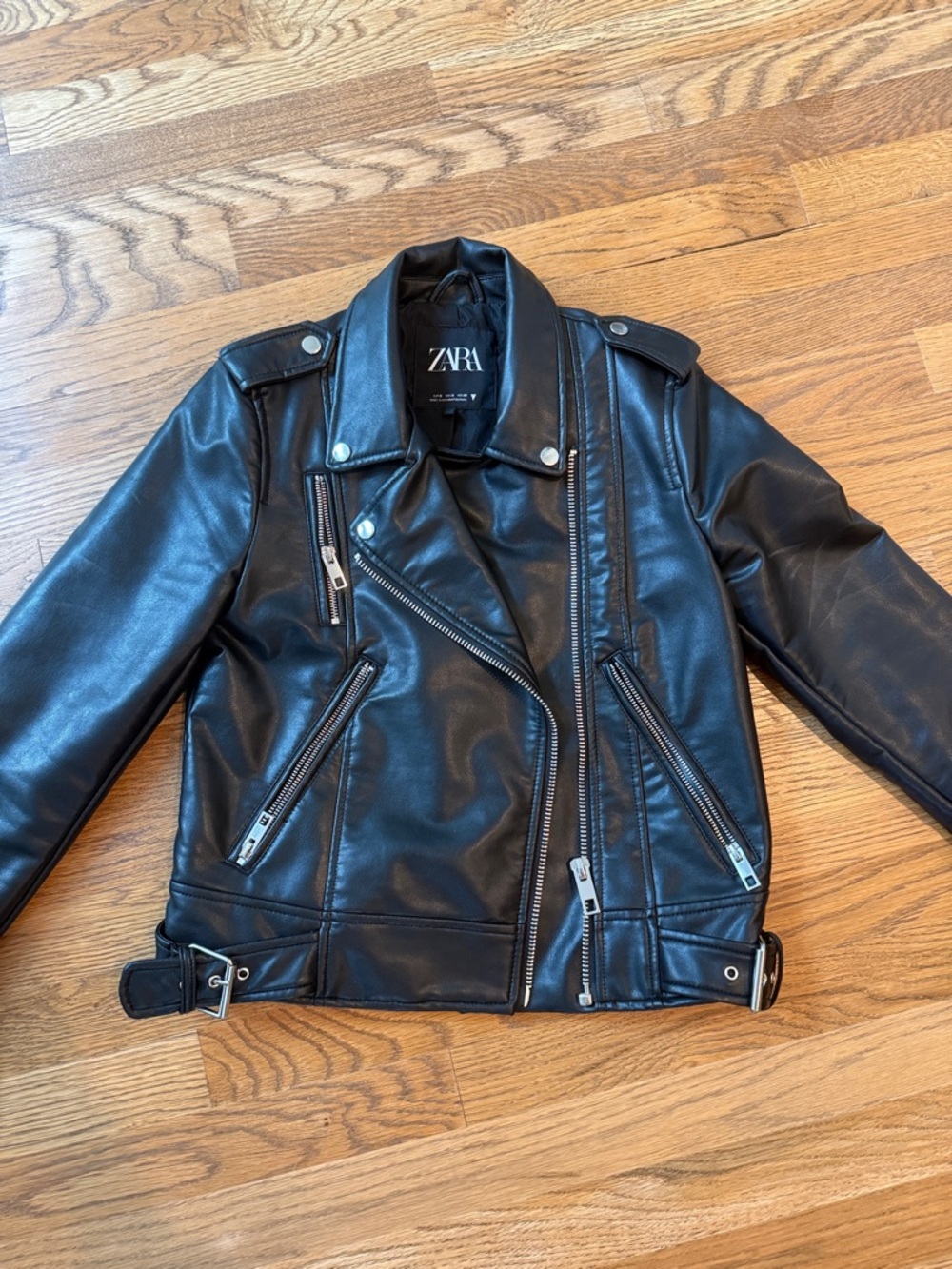ZARA Black Faux Leather Moto Jacket with Silver Hardware